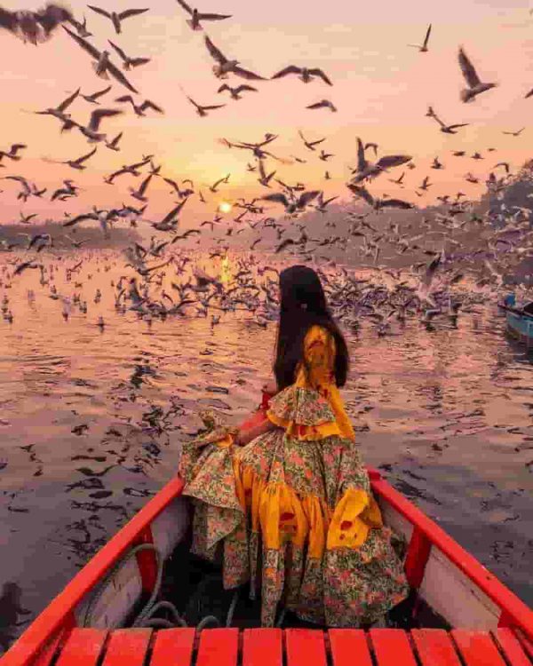 صحنه محشر هنری دختر در قایق به همراه پرندگان