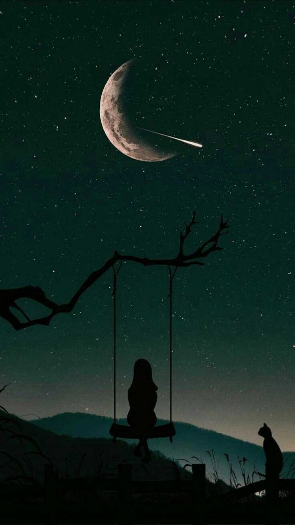 غمگین تاب خوردن دختر روی شاخه روبروی ماه